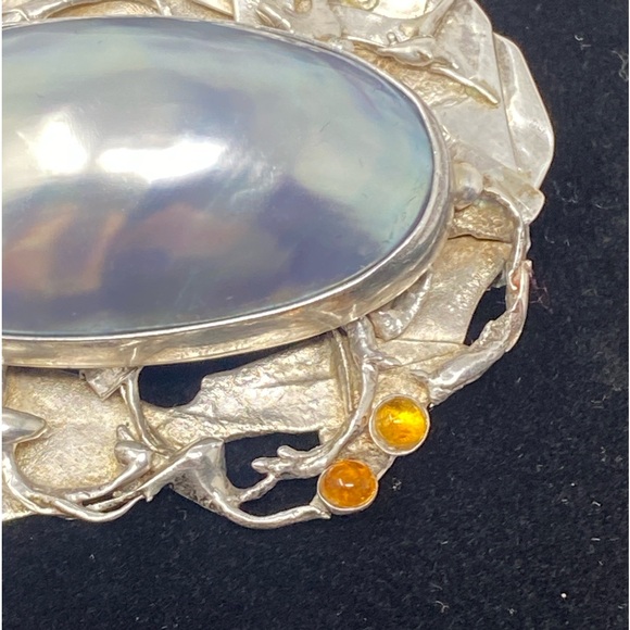 Antique 925 Sterling Silver brooch W/Mother Of Pearl And Amber - Picture 9 of 13